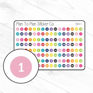 May include: A sheet of colorful planner stickers from Plan To Plan Sticker Co. featuring numbers 1-31 in various colors. A close-up shows a pink sticker with the number 1 in white.