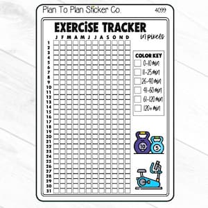 May include: A sticker with the text "EXERCISE TRACKER" and a grid for tracking exercise. Includes a color key for time intervals and illustrations of weights and an exercise bike. The sticker is labeled "Plan To Plan Sticker Co."