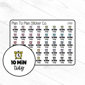 May include: A sheet of 10-minute tidy stickers with a variety of colors and designs. The stickers feature a clock icon and the text "10 MIN tidy".