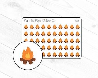 May include: A sheet of 49 campfire sticker decals. The stickers are orange and brown and feature a simple design of a campfire with flames. The sheet is labeled "Plan To Plan Sticker Co." and "1138".