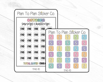 May include: A printable sticker sheet with a savings challenge for October. The sheet has a grid of 30 squares with the text "$10" in each square. The total savings is $300. The sheet also includes a separate grid of 30 squares with dollar signs in different colors.