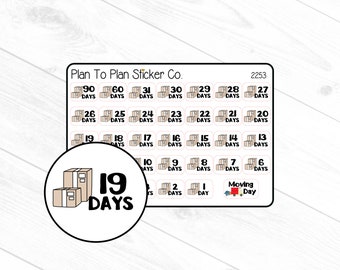 May include: A set of 30 round stickers with a moving day theme. Each sticker features a cartoon image of boxes and the number of days until moving day. The stickers range from 1 to 90 days. The stickers are white with black text and brown boxes. The stickers are perfect for a moving countdown.