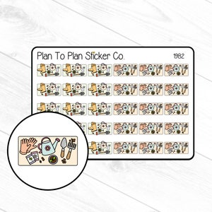 May include: A sheet of stickers featuring gardening themed illustrations. The stickers are arranged in rows and include images of watering cans, gardening gloves, shovels, and boots. The text "Plan To Plan Sticker Co." and "1982" are printed at the top of the sheet.