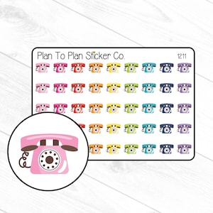 May include: A sheet of 63 colorful retro phone stickers. The stickers are arranged in a grid pattern and feature a variety of colors, including pink, red, orange, yellow, green, blue, purple, and brown. The stickers are perfect for adding a touch of vintage charm to planners, journals, laptops, and other surfaces.