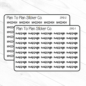 May include: Two sticker sheets with black text on a white background. The top sheet reads "Plan To Plan Sticker Co." and "2910-2". The bottom sheet reads "Plan To Plan Sticker Co." and "2910-1". Both sheets have the word "massage" repeated.