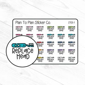 May include: A sticker sheet featuring multiple small stickers with a toothbrush design and the words "Replace Head." The stickers are in various colors, including pink, blue, green, and purple. The sheet also includes a larger circular sticker with a toothbrush illustration.
