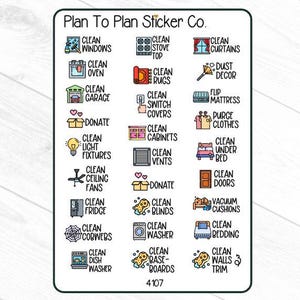 May include: A set of 20 colorful stickers with illustrations and text. The stickers are for a cleaning checklist. The stickers feature icons and text such as "Clean Windows", "Clean Stove Top", "Clean Curtains", "Clean Oven", "Clean Rugs", "Dust Decor", "Clean Garage", "Clean Switch Covers", "Flip Mattress", "Donate", "Purge Clothes", "Clean Light Fixtures", "Clean Cabinets", "Clean Vents", "Clean Under Bed", "Clean Ceiling Fans", "Donate", "Clean Doors", "Clean Fridge", "Clean Blinds", "Vacuum Cushions", "Clean Cobwebs", "Clean Washer", "Clean Bedding", "Clean Dish Washer", "Clean Baseboards", "Clean Walls Trim".