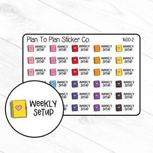 May include: Sheet of planner stickers from Plan To Plan Sticker Co. featuring small, colorful notebook designs with the text "Weekly Setup." Each sticker has a heart accent. The stickers are in various colors including pink, red, orange, yellow, blue, purple, and black.