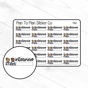 May include: Sheet of stickers with the text "interview" and small illustrations of a person and a computer. The stickers are in a rectangular shape with a white background and a black border. The text "Plan To Plan Sticker Co." is at the top.