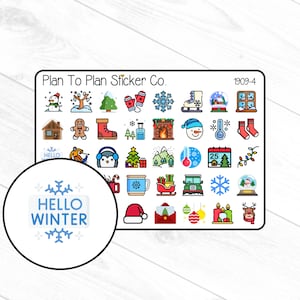 May include: A sheet of 48 colorful winter-themed stickers with a variety of designs, including snowflakes, snowmen, penguins, Christmas trees, and presents. The sheet is titled "Plan To Plan Sticker Co." and has the number "1909-4" in the top right corner.