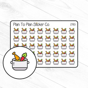 May include: A sheet of 49 stickers featuring a cartoon illustration of a pot of soup with chicken and carrots. The sheet is white with a black border and the text "Plan To Plan Sticker Co." and "2783" in the top corners.