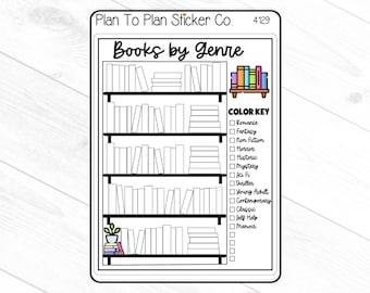 May include: A sticker sheet with a bookshelf design labeled "Books by Genre." The design includes a color key for genres like Romance, Fantasy, and Non-Fiction. The sticker is from Plan To Plan Sticker Co.