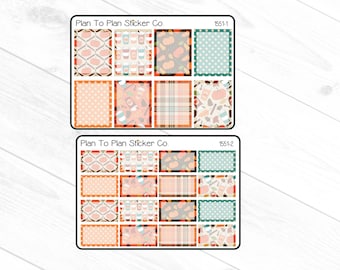 May include: Two sheets of planner stickers with a fall theme. The stickers feature various patterns including plaid, polka dots, and pumpkins. The text "Plan To Plan Sticker Co." and "1551-1" and "1551-2" are printed on the sheets.