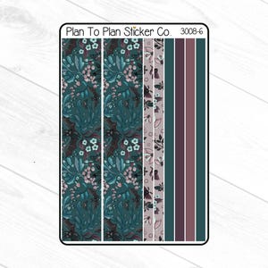 Puede incluir: Una hoja de pegatinas con varios dise&ntilde;os. Incluye patrones florales en verde azulado y rosa, y rayas en verde azulado, morado y malva. El texto "Plan To Plan Sticker Co. 3008-6" est&aacute; impreso en la parte superior.