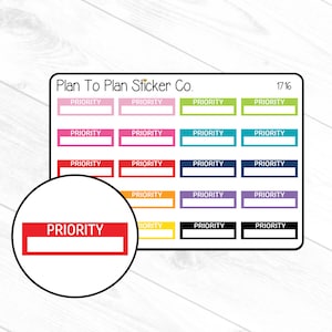 May include: A sheet of colorful priority stickers with the text "Plan To Plan Sticker Co." and "1716" at the top. The stickers are in various colors, including pink, red, orange, yellow, green, blue, purple, and black. Each sticker has a blank space for writing.