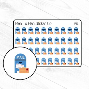 May include: A sheet of blue and white stickers featuring a blue mailbox with a white envelope and a brown package. The sheet is labeled "Plan To Plan Sticker Co." and "1793".