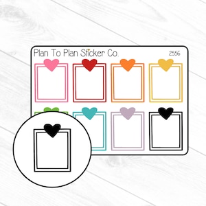 May include: A set of eight printable planner stickers with heart accents. The stickers are in various colors, including red, orange, yellow, green, blue, purple, and black. The stickers are designed to be used in a planner or journal.