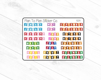 May include: A sheet of colorful planner stickers featuring the months of the year. Each month is written on a banner in a different color, with the text "Plan To Plan Sticker Co." at the top.
