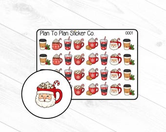 Könnte beinhalten: Ein rechteckiger Aufkleberbogen mit der Aufschrift Plan To Plan Sticker Co. 0001, der Reihen von weihnachtlichen Getränkeillustrationen zeigt, darunter Weihnachtsmann-Tassen, Kaffeebecher mit Stechpalmen und Kakao, sowie einen großen runden Aufkleber.