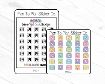May include: Two sheets of stickers for a savings challenge. The first sheet has 30 squares with the number 4 and a dollar sign in each square. The second sheet has 30 squares with a dollar sign in each square. The squares are in different pastel colors. The text "Plan To Plan Sticker Co." and "TOTAL SAVED $120.0" are on the sheets. The text "APRIL savings challenge" is on the first sheet.