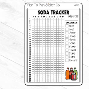 May include: Black and white printable sticker sheet with a soda tracker grid. The grid is labeled with the months of the year and the days of the month. There is a color key with different shades of gray to represent the number of cans of soda consumed each day. The sticker sheet also includes a graphic of three soda cans.