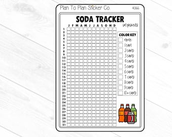 Puede incluir: Hoja de pegatinas imprimible en blanco y negro con una cuadrícula de seguimiento de la soda. La cuadrícula está etiquetada con los meses del año y los días del mes. Hay una clave de color con diferentes tonos de gris para representar el número de latas de soda consumidas cada día. La hoja de pegatinas también incluye un gráfico de tres latas de soda.