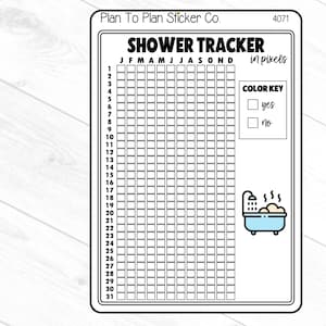 Pu&ograve; includere: Un tracker per la doccia stampabile in bianco e nero con una griglia di 31 giorni per 12 mesi. Il tracker ha una legenda di colore con una casella di controllo per "s&igrave;" e "no". Il tracker ha anche una piccola illustrazione di una vasca da bagno con una doccia e vapore che esce da essa.