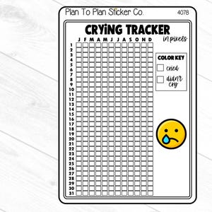 May include: A black and white printable crying tracker with a color key and a crying emoji. The tracker is a grid with 31 rows and 12 columns, representing the days of the month and the months of the year. The color key indicates whether the user cried or did not cry on a given day.