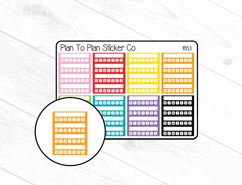 May include: A set of 8 colourful planner stickers with a grid layout and the days of the week labelled. The stickers are in pink, red, yellow, turquoise, purple, black, and orange.
