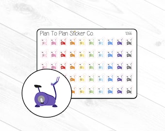 May include: A sheet of stickers featuring colorful illustrations of stationary exercise bikes. The stickers are arranged in rows and columns on a white background. The text "Plan To Plan Sticker Co." and "1266" are printed at the top of the sheet.