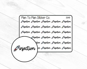 May include: Sheet of stickers with the text "Injection" and syringe illustrations. The stickers are in a rectangular shape and a circular shape. The text "Plan To Plan Sticker Co." is at the top.