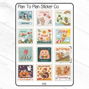 May include: A sheet of stickers featuring twelve colorful illustrations representing the months of the year. Each sticker has a unique design, including a penguin, bear, frog, bunny, ice cream cone, squirrel, and pumpkin. The text "Plan To Plan Sticker Co." is at the top.