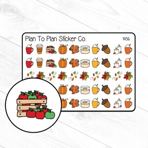 May include: A sheet of stickers featuring autumn-themed designs, including pumpkins, squirrels, acorns, candles, and coffee cups. The stickers are arranged in rows and columns on a white background. The text "Plan To Plan Sticker Co." and "1456" are printed at the top of the sheet.