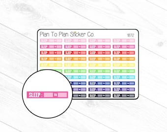May include: A sheet of colorful stickers with the text "SLEEP: TO" repeated in different colors. The stickers are designed for use in a planner or journal.