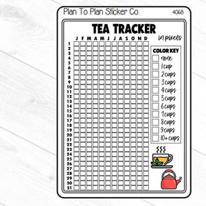 May include: A black and white printable tea tracker sticker with a color key for tracking tea consumption. The sticker has a grid with days of the week and numbers 1-31. The color key shows different colors representing the number of cups of tea consumed, from 1 cup to 10+ cups.