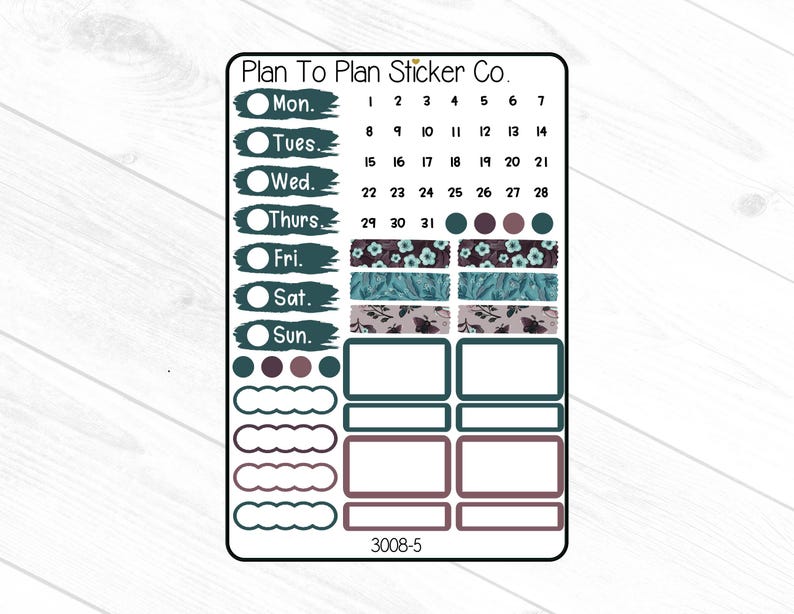 Puede incluir: Una hoja de pegatinas con tem&aacute;tica de calendario. La hoja incluye etiquetas para cada d&iacute;a de la semana, n&uacute;meros para los d&iacute;as del mes y patrones florales decorativos en verde azulado, morado y blanco. Tambi&eacute;n hay varias cajas rectangulares y festoneadas para notas.