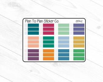 Può includere: Un foglio di adesivi con una varietà di disegni rettangolari colorati. Il foglio include il testo "Plan To Plan Sticker Co." e il numero "2974-2". I blocchi di colore includono sfumature di verde acqua, rosa, arancione, viola e verde.