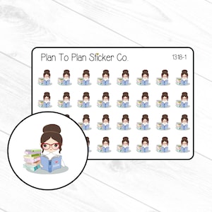 May include: A sheet of 36 stickers featuring a cartoon illustration of a woman reading a book. The stickers are arranged in a grid pattern. The text "Plan To Plan Sticker Co." and "1318-1" are printed at the top of the sheet.