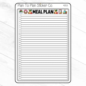 以下が含まれることがあります： 「MEAL PLAN」というテキストが上部に書かれた白黒の印刷可能な食事プランナー。プランナーには、食事を書き込むための31本の番号付きの線が付いています。