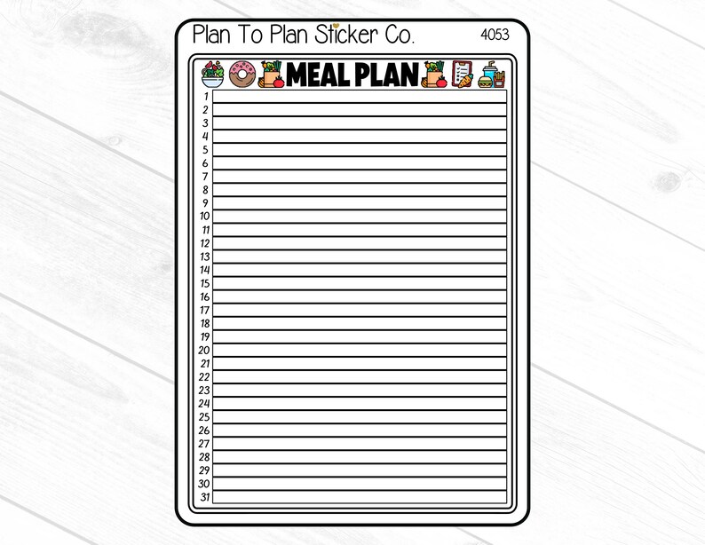 以下が含まれることがあります： 「MEAL PLAN」というテキストが上部に書かれた白黒の印刷可能な食事プランナー。プランナーには、食事を書き込むための31本の番号付きの線が付いています。