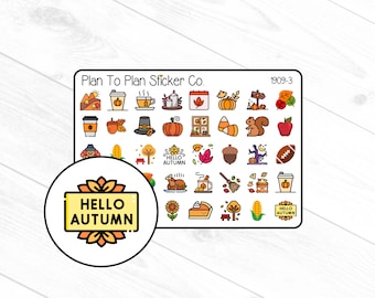 May include: A sheet of 48 stickers featuring autumn-themed illustrations, including pumpkins, leaves, acorns, coffee cups, and a squirrel. The stickers are colorful and have a cartoon style. The text "Plan To Plan Sticker Co." and "1909-3" are printed on the sheet.