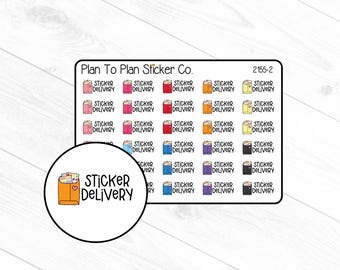 May include: A sheet of planner stickers from Plan To Plan Sticker Co. featuring small, colorful illustrations of packages with the text "Sticker Delivery." A circular sticker shows an envelope with the same text.