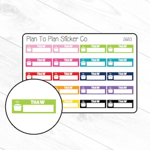 May include: A set of 10 colorful labels with a pot icon and the word "THAW" printed on each. The labels are designed for meal planning and food storage.