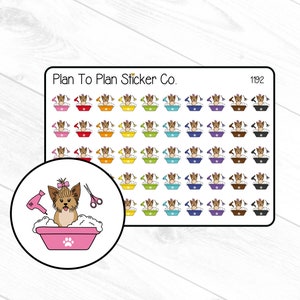 May include: A sheet of 192 colorful stickers featuring a cartoon dog in a bathtub with a hairdryer, a comb, and bubbles. The stickers are arranged in a grid pattern and have a white background. The text "Plan To Plan Sticker Co." is at the top of the sheet.