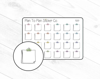 May include: A sheet of 25 planner stickers featuring blank notepads with a paperclip on top. The stickers are in a grid pattern with a white background and black outlines. The text "Plan To Plan Sticker Co." is at the top of the sheet. The number "1589" is in the top right corner.