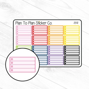 May include: A sheet of colorful planner stickers with a variety of colors including pink, red, yellow, green, blue, purple, and gray. The stickers have blank spaces for writing and checkboxes. The sheet is labeled "Plan To Plan Sticker Co." and "2512".