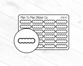 Könnte beinhalten: Ein schwarz-weißes Stickerblatt mit dem Text "Plan To Plan Sticker Co." und "2226-10". Das Blatt hat 30 Reihen mit wellenförmigen Aufklebern.