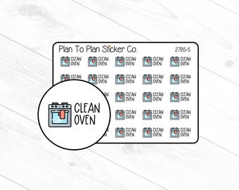 Puede incluir: Hoja de pegatinas con un diseño repetido de un horno azul con una toalla roja y las palabras "CLEAN OVEN". Las pegatinas son de "Plan To Plan Sticker Co."