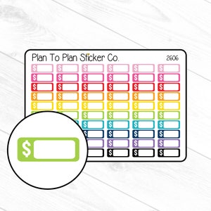 May include: A sheet of colorful dollar sign stickers with blank spaces for writing in. The stickers are arranged in a grid pattern and are perfect for budgeting, planning, or tracking expenses.