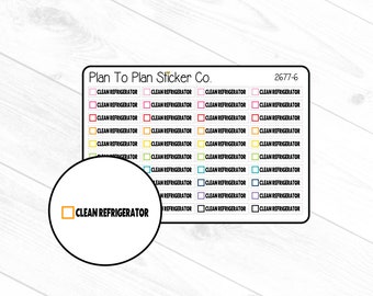 May include: A sheet of colorful stickers with the text "Clean Refrigerator" in black text on a white background. The stickers are in various colors, including pink, red, yellow, green, blue, and purple. The stickers are arranged in rows and columns on a white background. The text "Plan To Plan Sticker Co." and "2677-6" are at the top of the sheet.